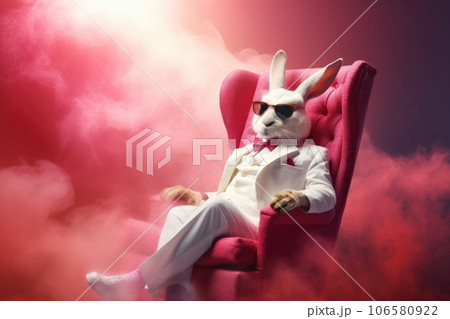 A white hare in sunglasses and a pink suit is sitting in a chair on a cloud A white hare in sunglasses and a pink suit is sitting in a chair on a cloud 106580922