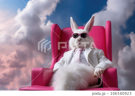A white hare in sunglasses and a pink suit is sitting in a chair on a cloud 106580923