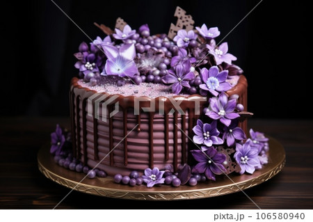 Bouquet baking, chocolate cake with purple flowers Bouquet baking, chocolate cake with purple flowers 106580940