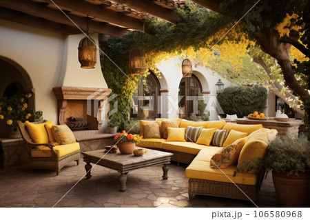 Open patio in Mediterranean style with comfortable armchairs Open patio in Mediterranean style with comfortable armchairs 106580968