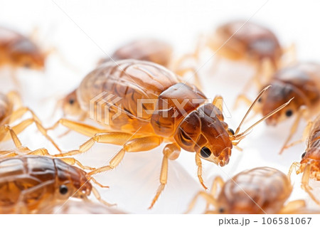 Portrait of a flea close-up, isolated on a white background Portrait of a flea close-up, isolated on a white background 106581067