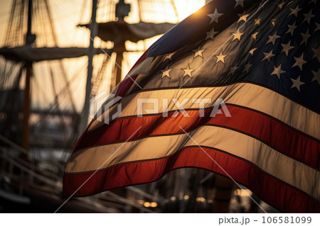 The ship of Christopher Columbus sails on the sea. The concept of celebrating the Day of Indigenous Peoples 106581099