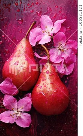 Two red pears painted in metallic pink with white flowers 106581121
