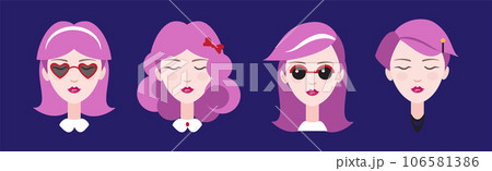 Pink Haired Young Woman Head and Avatar with Different Hairstyles Vector Set Pink Haired Young Woman Head and Avatar with Different Hairstyles Vector Set 106581386