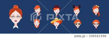 Redhead Young Woman Head and Avatar with Different Hairstyles Vector Set 106581398