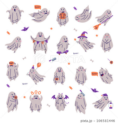 Cute Ghost Spooky Character and Flying Spirit Vector Set 106581446