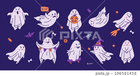 Cute Ghost Spooky Character and Flying Spirit Vector Set Cute Ghost Spooky Character and Flying Spirit Vector Set 106581458