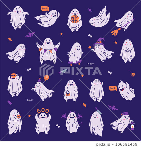 Cute Ghost Spooky Character and Flying Spirit Vector Set Cute Ghost Spooky Character and Flying Spirit Vector Set 106581459