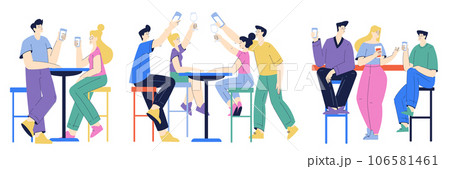 People Characters at Bar or Pub Sitting at Table with Drink Vector Set 106581461