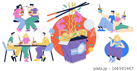 People Characters at Cafe Eating Chinese Noodle from Cardboard Box with Chopsticks Vector Illustration 106581467