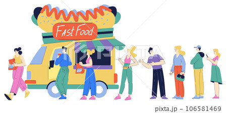 People Characters at Food Truck Take Order at Counter Standing in Queue Vector Illustration 106581469