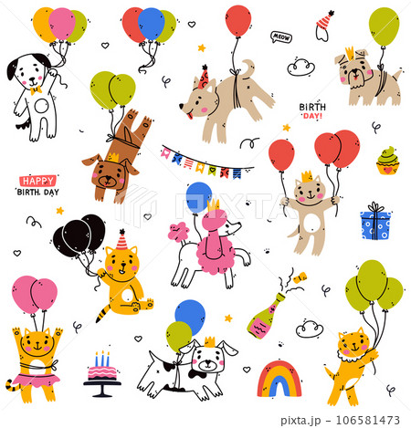 Flying Animal Pet with Balloon at Birthday Party Vector Set 106581473