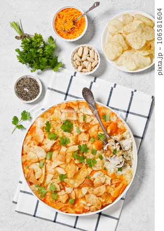 creamy cheesy chicken almond casserole, top view 106581604