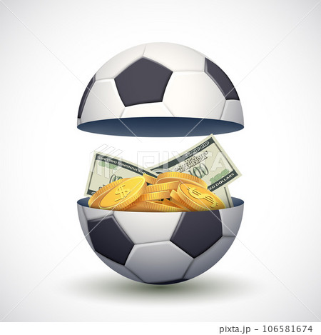 Paper money and gold coins inside a soccer ball 106581674