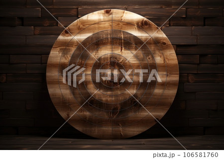 Wooden board with a target for throwing an axe and playing darts 106581760