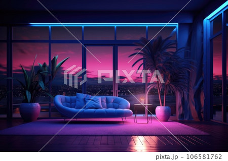 The interior of the living room in high-tech style with neon lighting and sofas 106581762