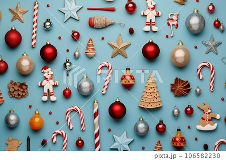 collection of christmas objects viewed from above collection of christmas objects viewed from above 106582230