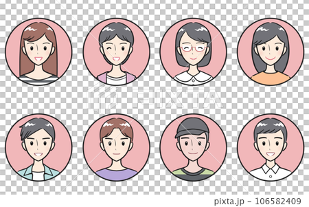 初中生和高中生的男女穿著便衣，積極的表情，圓形圖標集，粉紅色 106582409