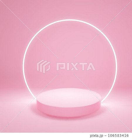 Minimalistic pink podium with neon round lamp for product presentation 106583416