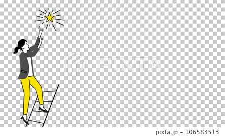 はしごに登って星をつかもうとする若いビジネスウーマンのイラスト、ベクター はしごに登って星をつかもうとする若いビジネスウーマンのイラスト、ベクター 106583513
