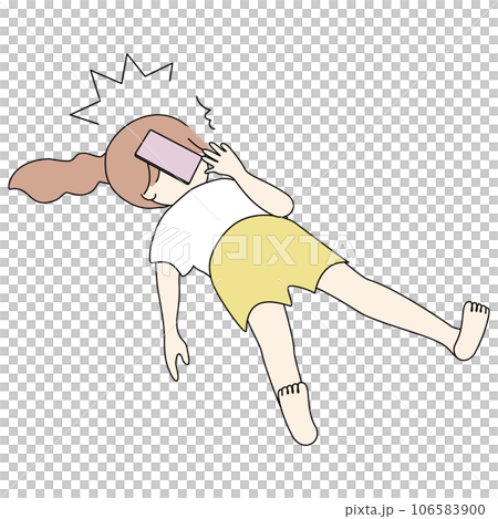Girl lying on her back looking at smartphone and dropping it on her face 106583900