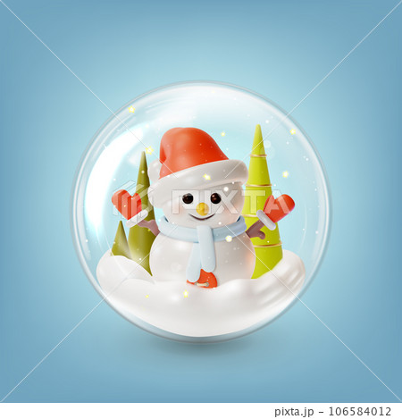 3d Merry Christmas and Happy New Year Concept Tree Decoration Glass Ball Transparent inside Snowman Character Cartoon Style. Vector illustration 106584012