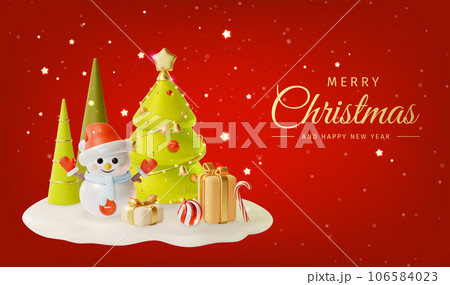 3d Merry Christmas and Happy New Year Placard Poster Banner Card Template and Snowman Character with Xmas Hat Cartoon Style. Vector illustration 106584023