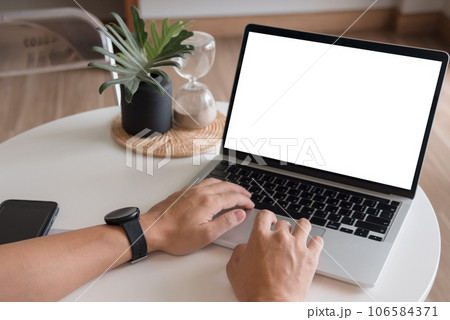 mock up Using laptop with blank screen computer modern. Copy space marketing and creative design 106584371