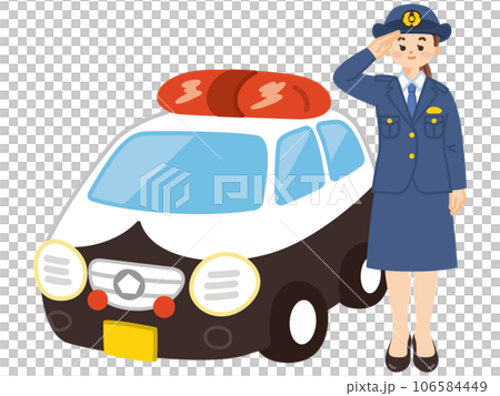 敬礼する女性警察官とパトカー 106584449