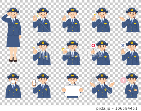 女性警察官　表情とジェスチャーのイラスト素材セット 106584451