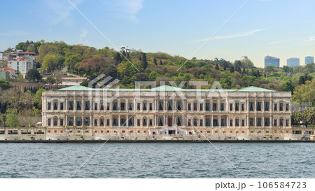 View from the Bosphorus of 19th century Ciragan Palace Kempinski, a luxury hotel in Istanbul, Turkey 106584723