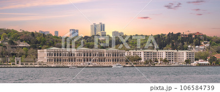 View from the Bosphorus of 19th century Ciragan Palace Kempinski, a luxury hotel in Istanbul, Turkey 106584739