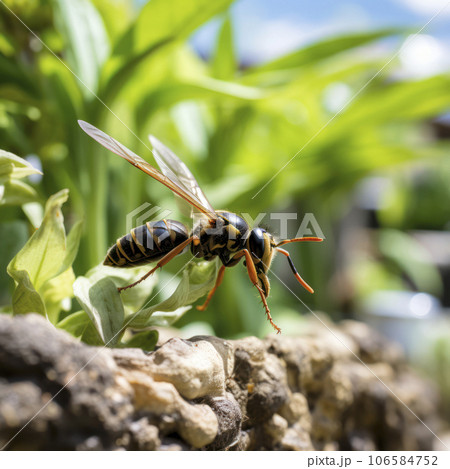 lifestyle photo closeup potter wasp flying in garden - AI MidJourney lifestyle photo closeup potter wasp flying in garden - AI MidJourney 106584752