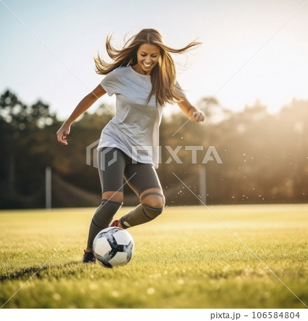 lifestyle photo woman kicks a soccer ball - AI MidJourney 106584804