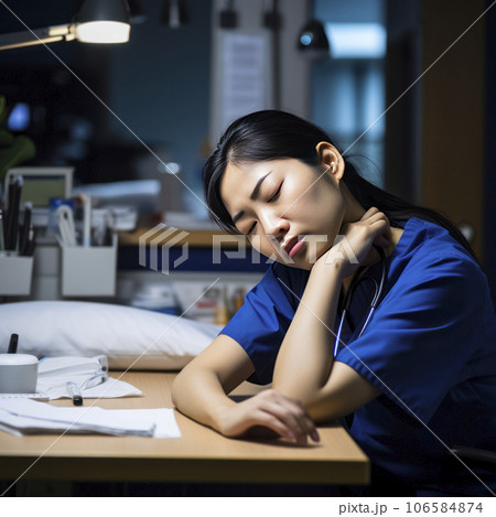 lifestyle photo exhausted asian nurse resting at desk - AI MidJourney 106584874