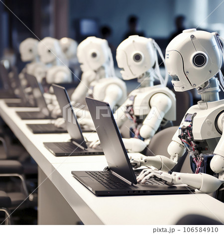 lifestyle photo row of robots typing on a computer keyboard - AI MidJourney 106584910