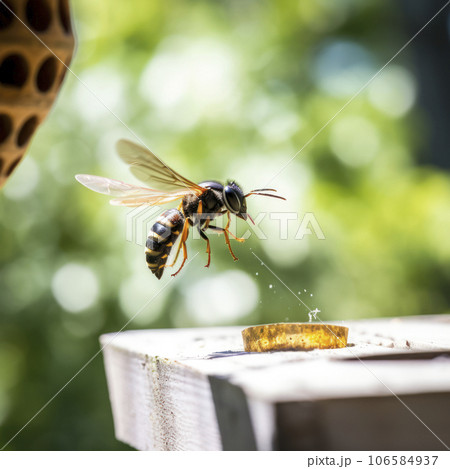 lifestyle photo closeup potter wasp flying near feeder - AI MidJourney 106584937