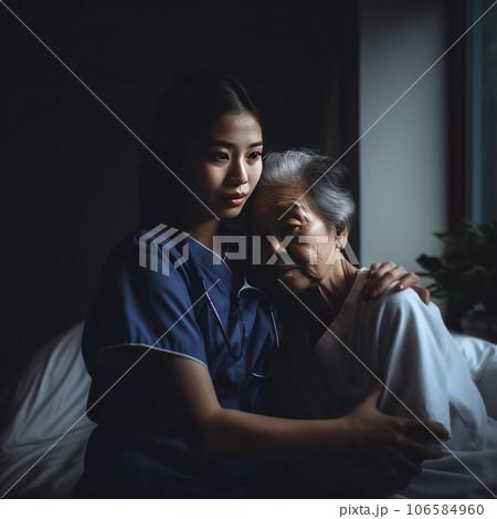 lifestyle photo Aasian night nurse with patient - AI MidJourney lifestyle photo Aasian night nurse with patient - AI MidJourney 106584960