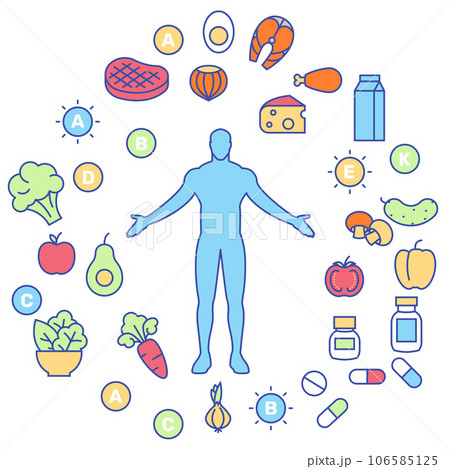 balanced healthy nutrition and food supplements concept icons, wellness, biohacking vitamin diet and health improvement, vector balanced healthy nutrition and food supplements concept icons, wellness, biohacking vitamin diet and health improvement, vector 106585125