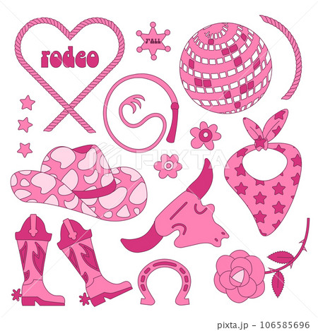 Set of cowgirl stuff in the wild west. Pink famale cowboy accessories and attributes - disco ball, boots, hat. Bright pink fashionable flat contour style. Barbiecore and lettering. Vector illustration 106585696