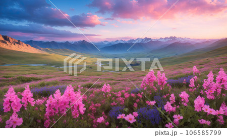 Covered in pink and blue small wildflowers beautiful Mountain valley Covered in pink and blue small wildflowers beautiful Mountain valley 106585799