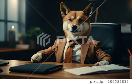 Shiba inu Dog in a businessman suit sits diligently at an office desk, exuding professionalism. Created by AI Shiba inu Dog in a businessman suit sits diligently at an office desk, exuding professionalism. Created by AI 106585855