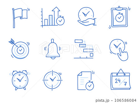 Time, calendar doodle line icon set. Hand drawn doodle sketch line style business time management, project deadline concept. Alarm clock, calendar, stopwatch cute elements. Vector Time, calendar doodle line icon set. Hand drawn doodle sketch line style business time management, project deadline concept. Alarm clock, calendar, stopwatch cute elements. Vector 106586084