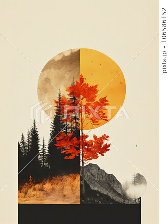Minimalistic collage of a autumn nature. Pine trees, mountains and a red maple in the middle, against the background of a yellow low sun. Surreal collage-style paintings. High quality illustration 106586152