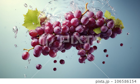 Separate dark blue grape with green leaves, isolated on blue background. View from the side. Full depth of field. High quality photo 106586154