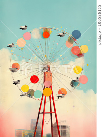 Minimalistic collage of ferris wheel with colored candies and a city with blue sky in the background. Surreal collage-style paintings. High quality illustration 106586155