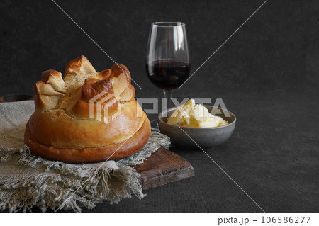 Portuguese pastry Fogaca with Porto wine 106586277