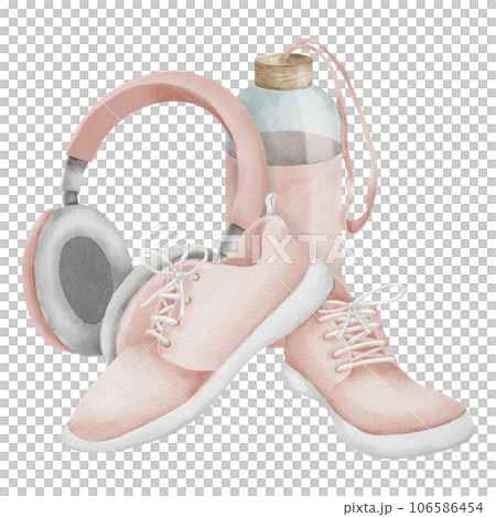 Sneakers with water bottle and headphones on isolated background. Hand drawn watercolor female Fitness equipment illustration. Drawing of pink Sports shoes for women and earphones for icon or logo. 106586454