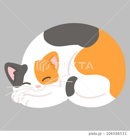 丸まって笑顔で眠るシンプルで可愛い三毛猫のイラスト　主線なし 106586531