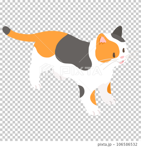 上から見た笑顔で鳴くシンプルで可愛い三毛猫のイラスト　主線なし 106586532